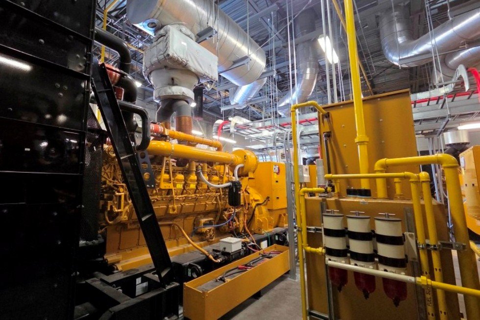 Generators include dual starters and redundant batteries with insulation wrapped critical silencers hung from the deck above. Adjacent day tank on right. 