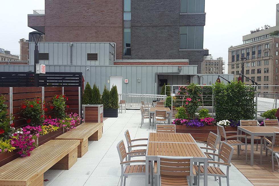Trellises and planters provide for a garden like atmosphere with greenery and bright flowering plants.