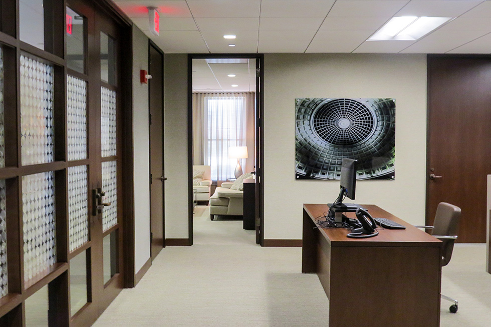 The offices are outfitted with soft seating for relaxed meetings and working sessions.