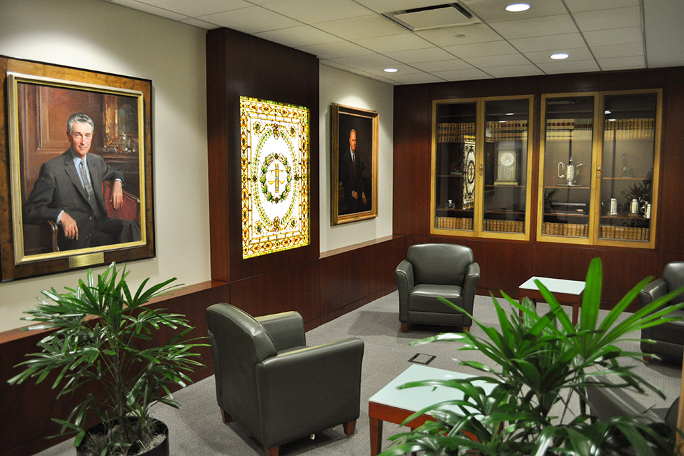 The reception lounge, reminiscent of a club lobby, displays artifacts from the dating back to the founding of the organization over 150 years ago.
