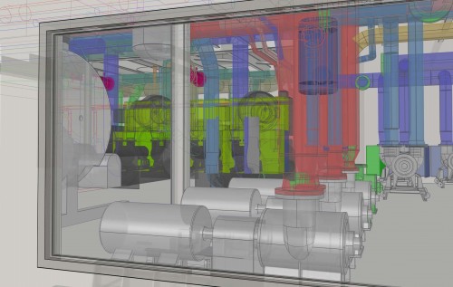 View into central heating and cooling plant from operator's office